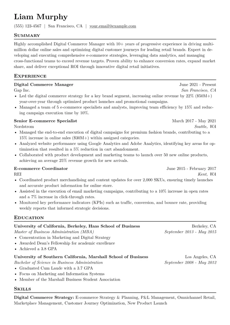 Digital Commerce Manager Resume Example CV template preview