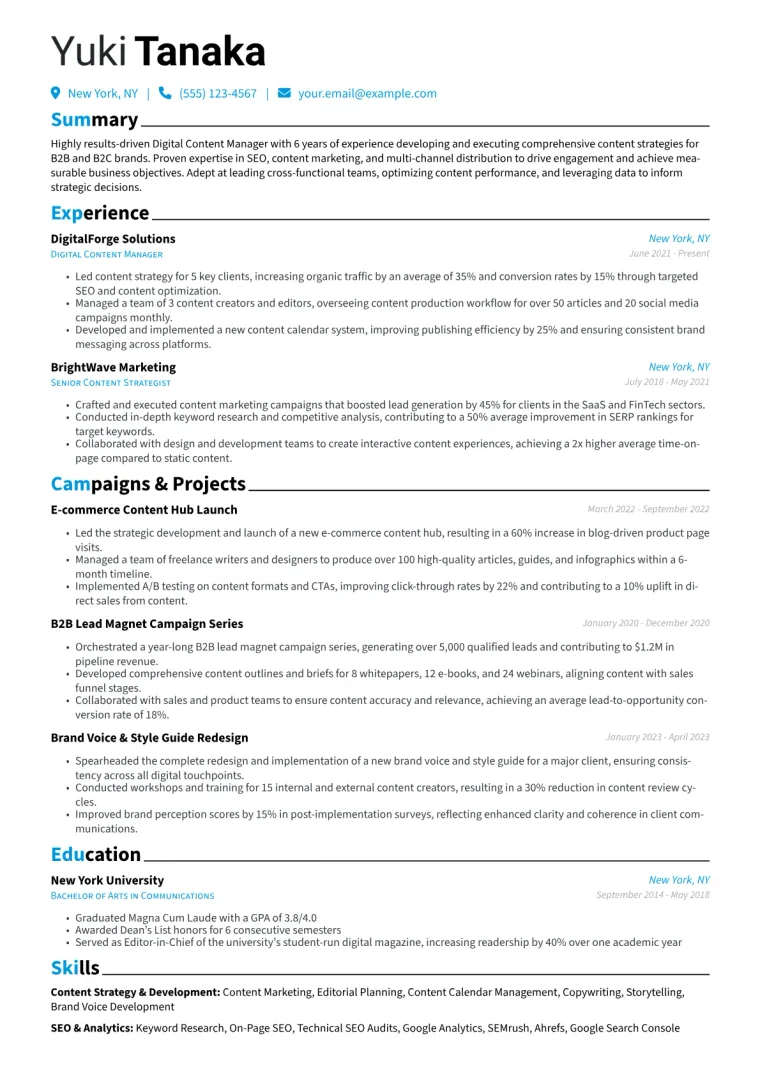 Digital Content Manager Resume Example CV template preview