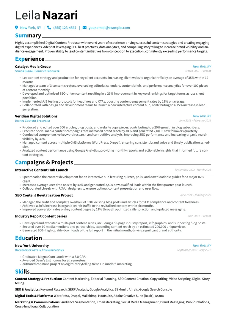 Digital Content Producer Resume Example CV template preview