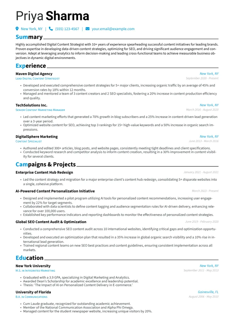 Digital Content Strategist Resume Example CV template preview