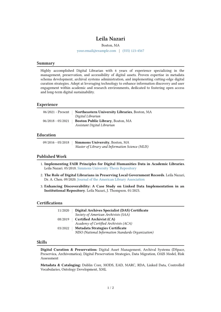 Digital Librarian Resume Example CV template preview
