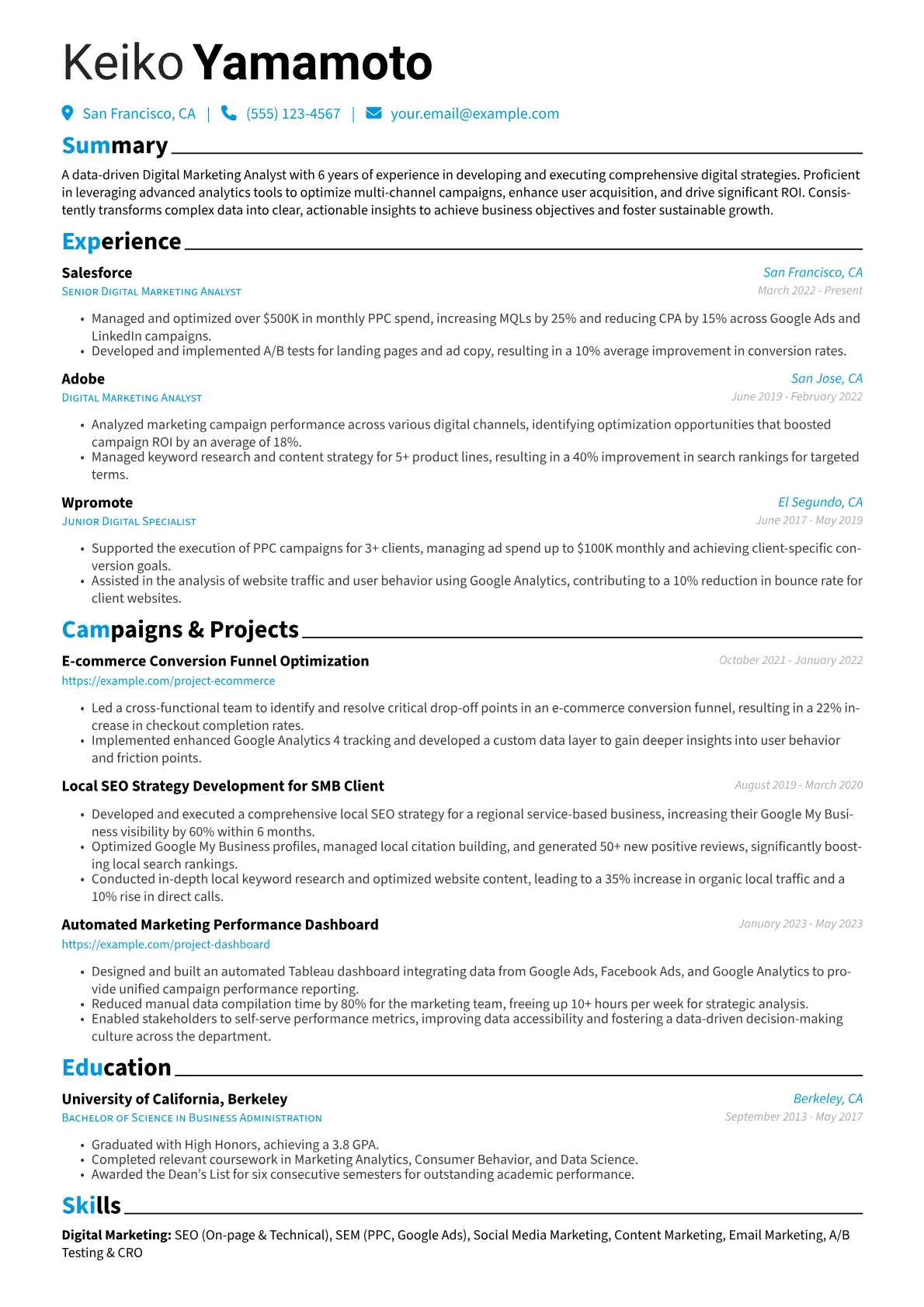Digital Marketing Analyst Resume Example CV template - Page 1