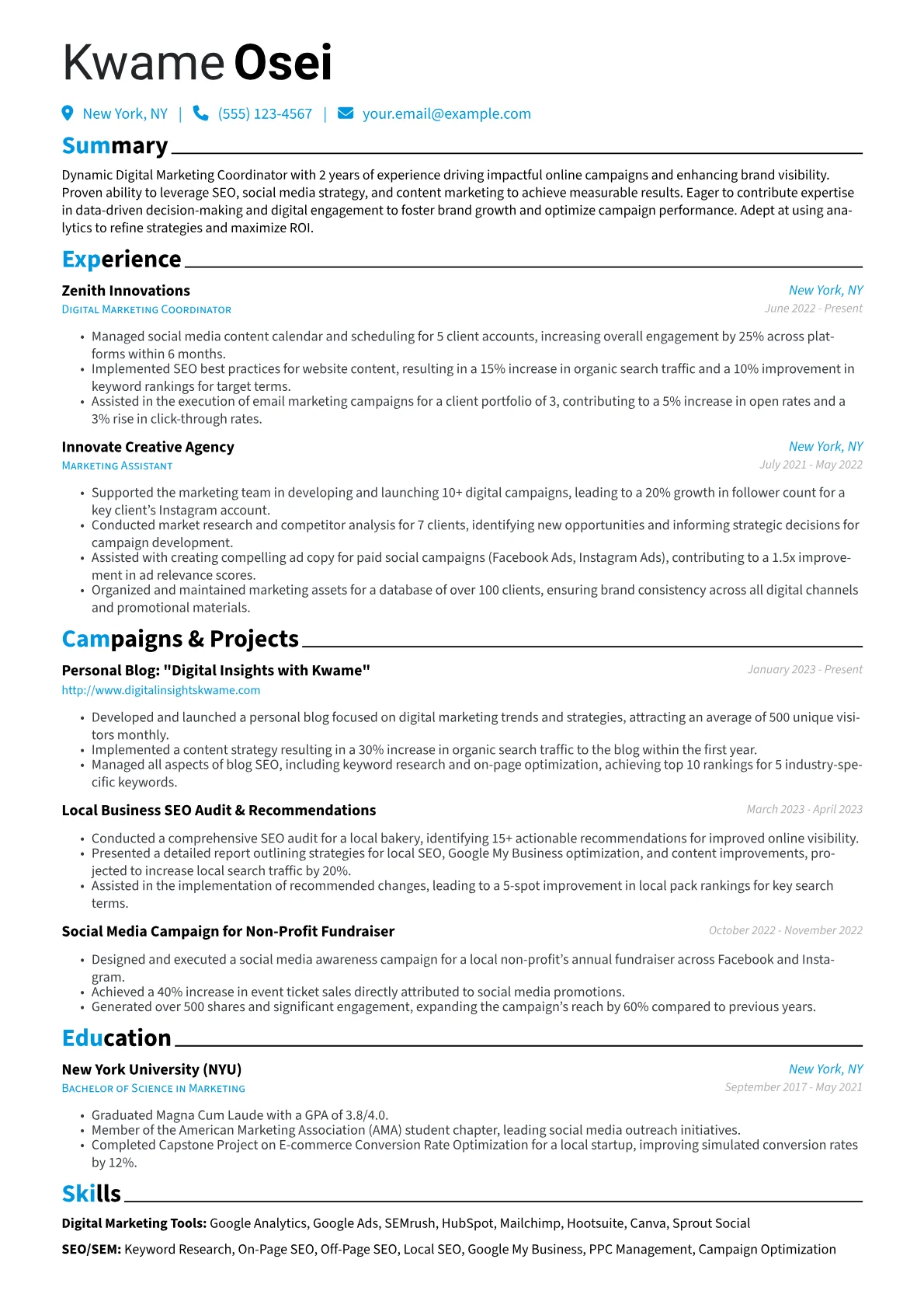 Digital Marketing Coordinator Resume Example CV template - Page 1
