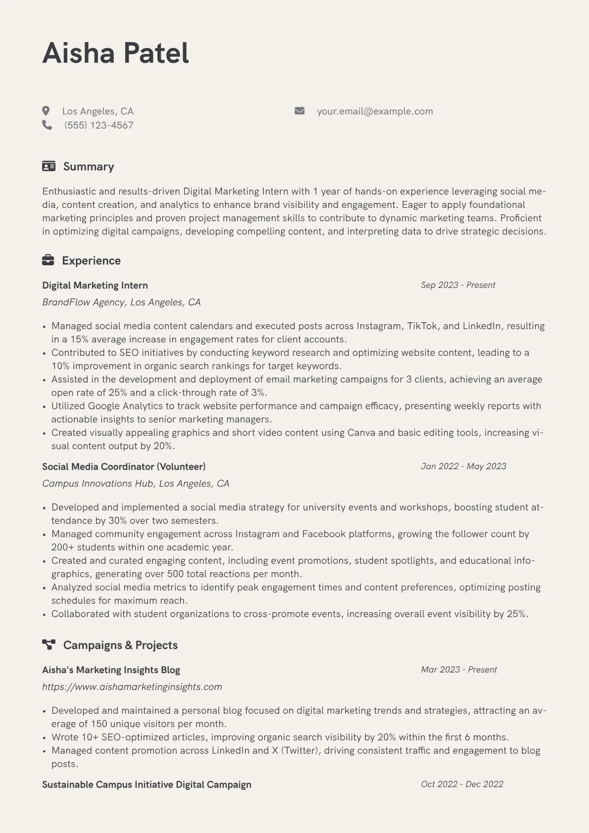 Digital Marketing Intern Resume Example CV template - Page 1