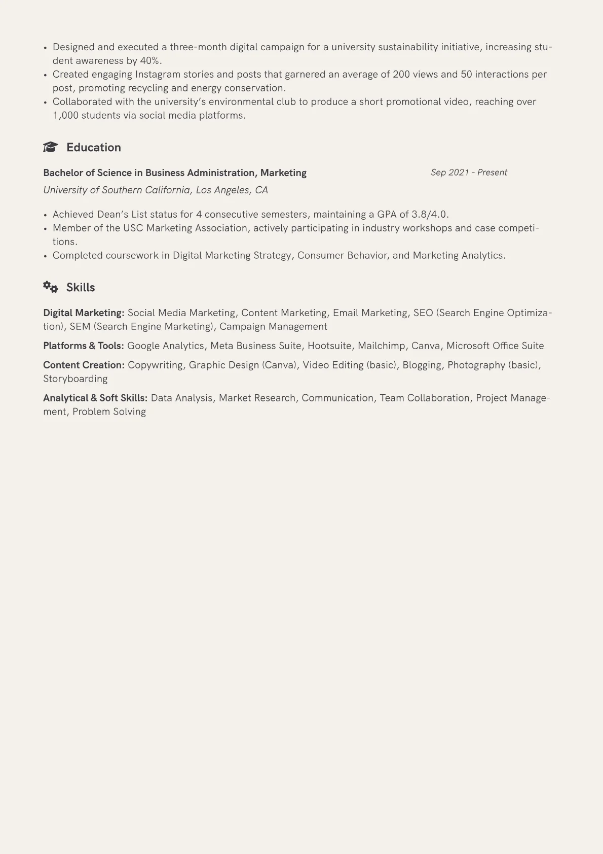 Digital Marketing Intern Resume Example CV template - Page 2