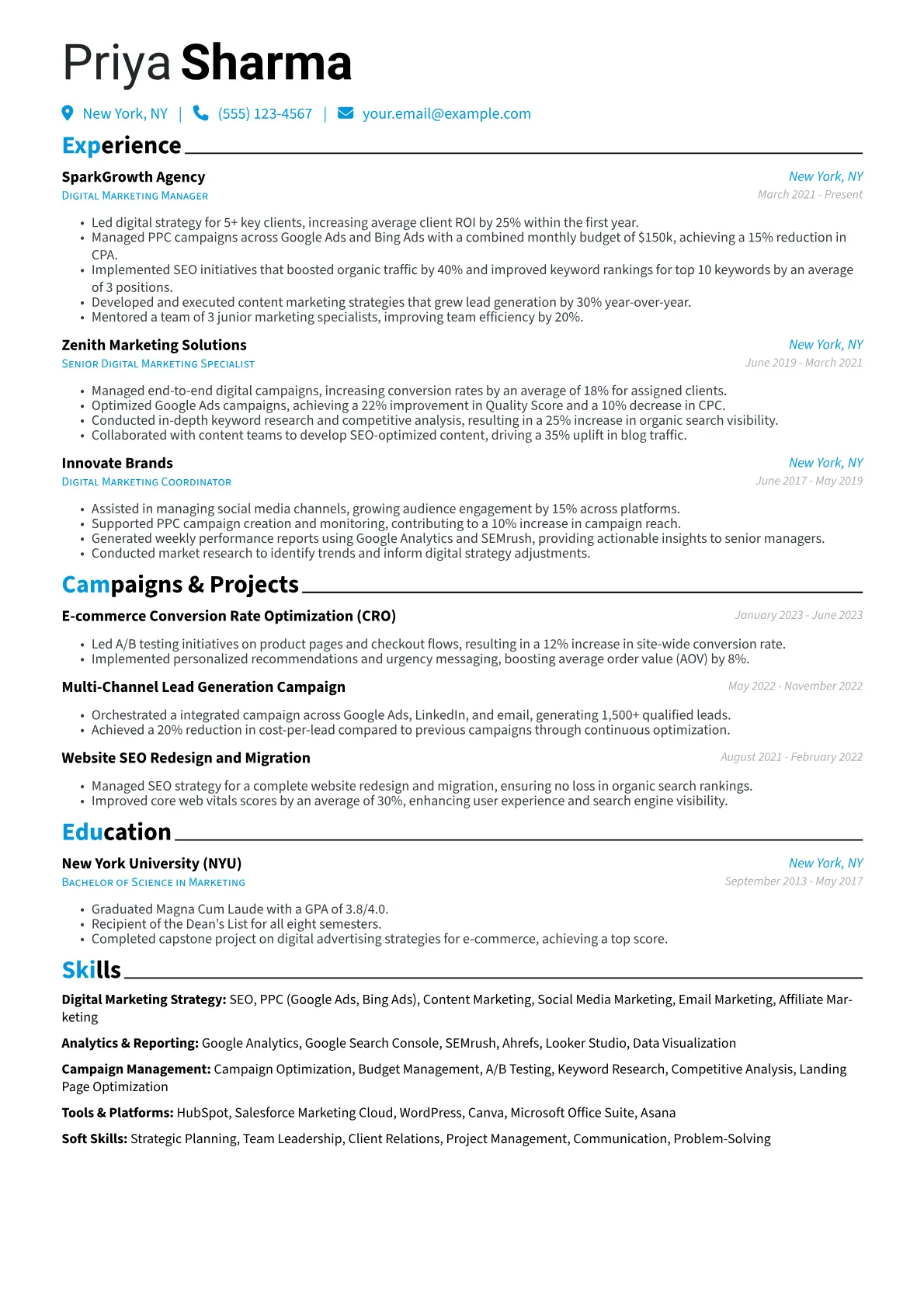 Digital Marketing Manager Resume Example CV template - Page 1