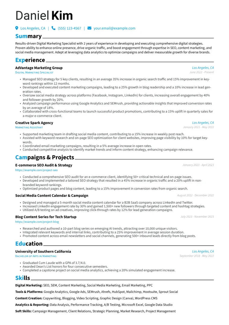 Digital Marketing Specialist Resume Example CV template preview