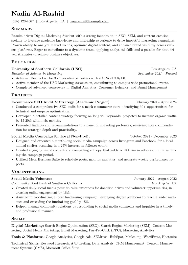 Digital Marketing Student Resume Example CV template preview