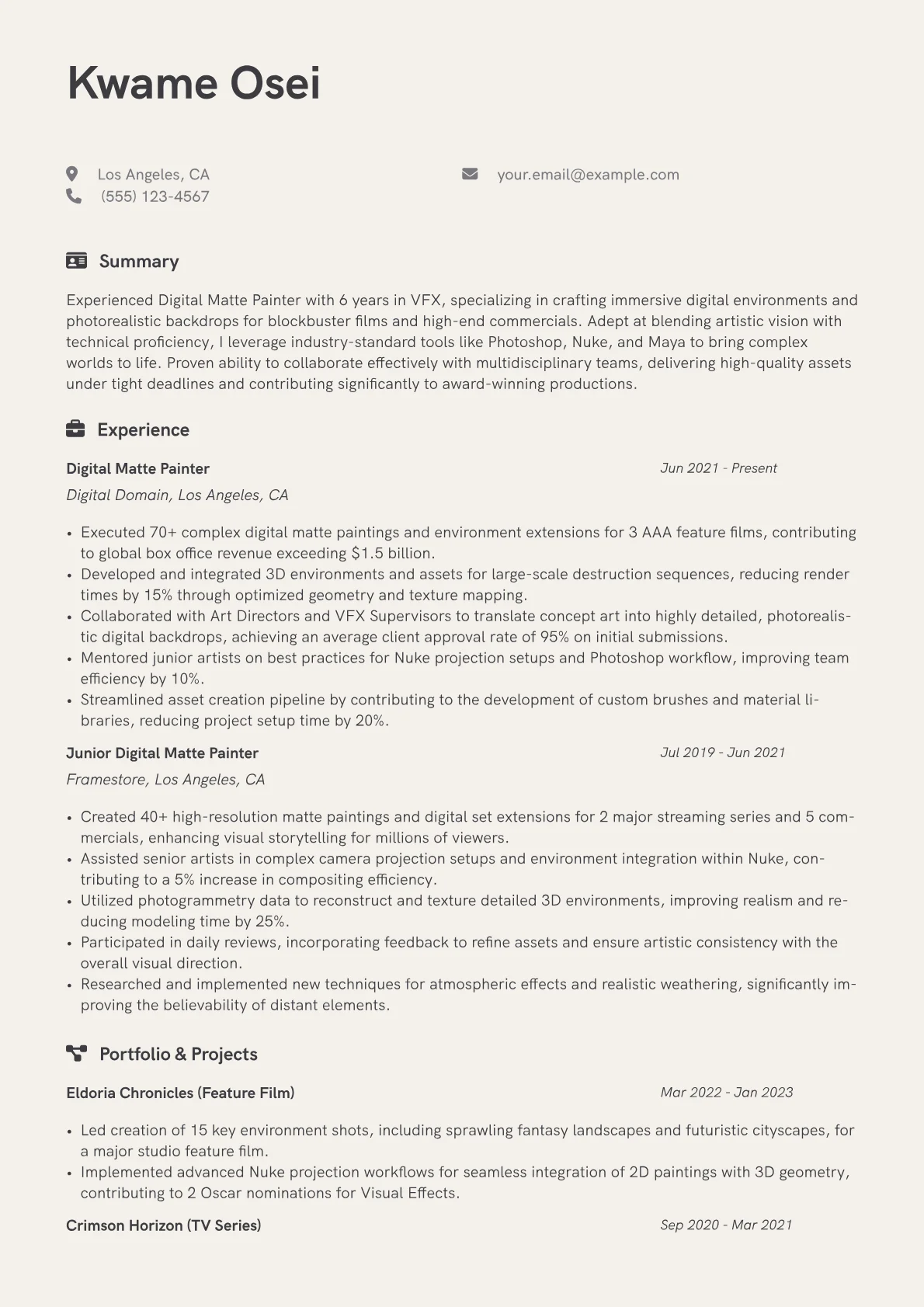Digital Matte Painter Resume Example CV template - Page 1