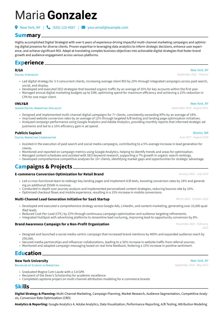Digital Strategist Resume Example CV template preview