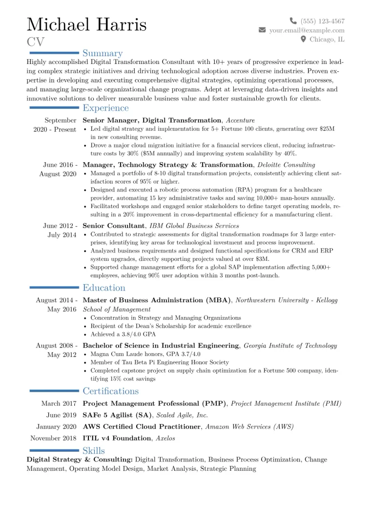Digital Transformation Consultant Resume Example CV template preview