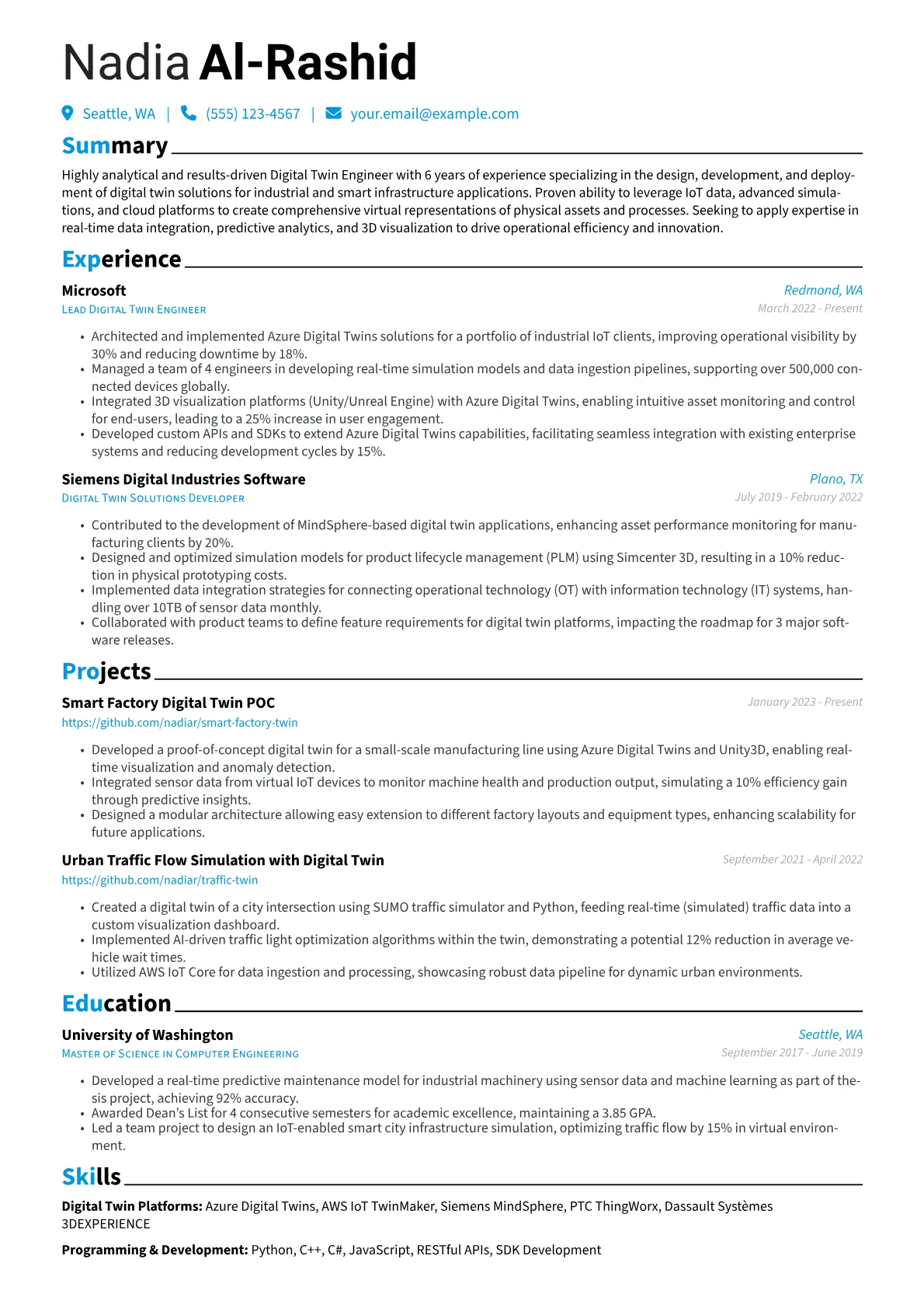 Digital Twin Engineer Resume Example CV template - Page 1
