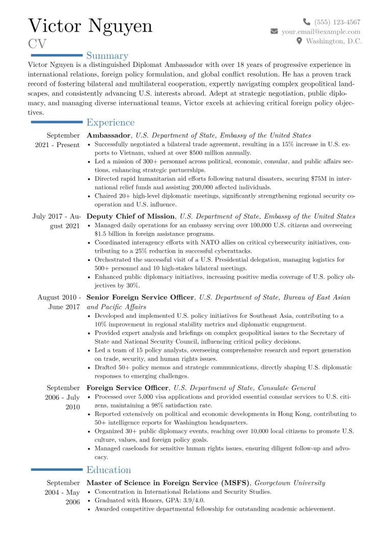 Diplomat Ambassador Resume Example CV template preview