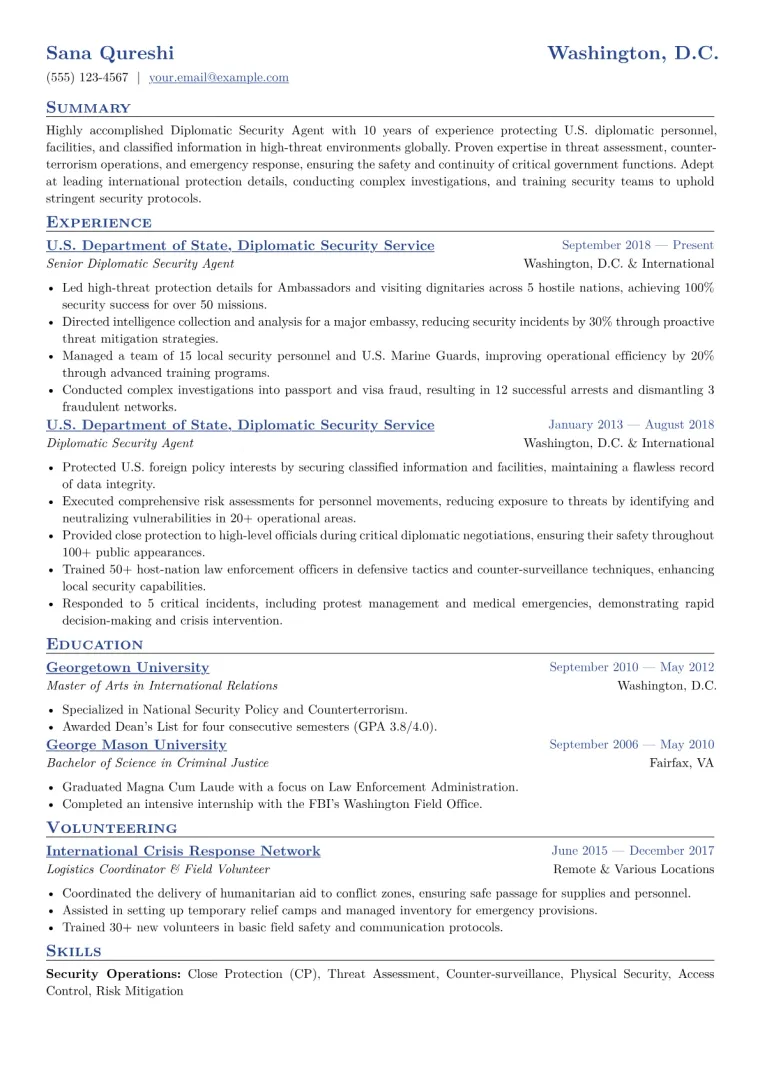 Diplomatic Security Agent Resume Example CV template preview