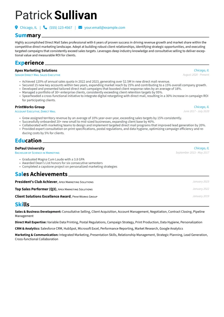 Direct Mail Sales Resume Example CV template preview
