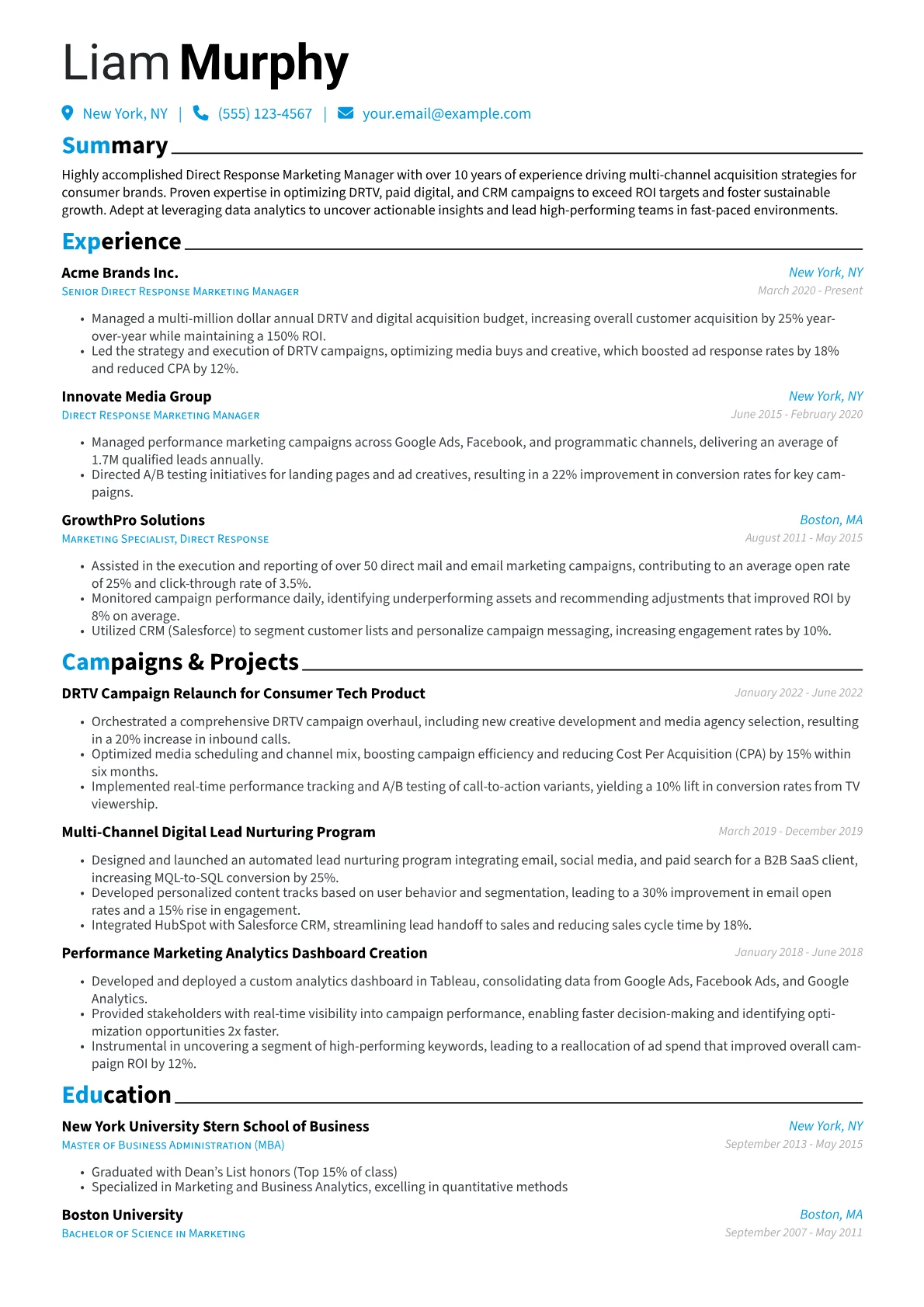 Direct Response Marketing Manager Resume Example CV template - Page 1