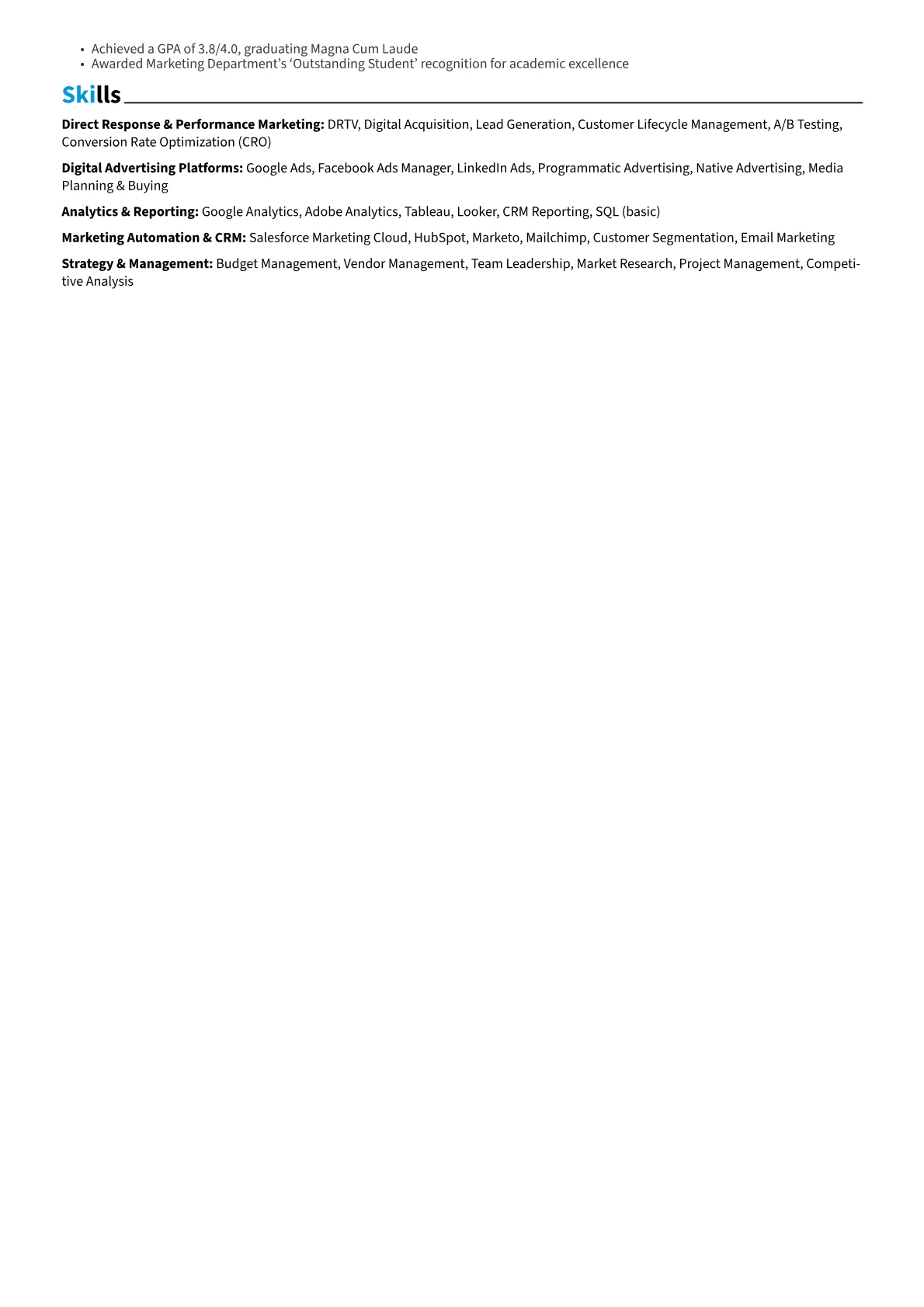 Direct Response Marketing Manager Resume Example CV template - Page 2
