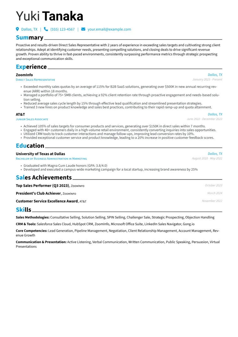 Direct Sales Representative Resume Example CV template preview