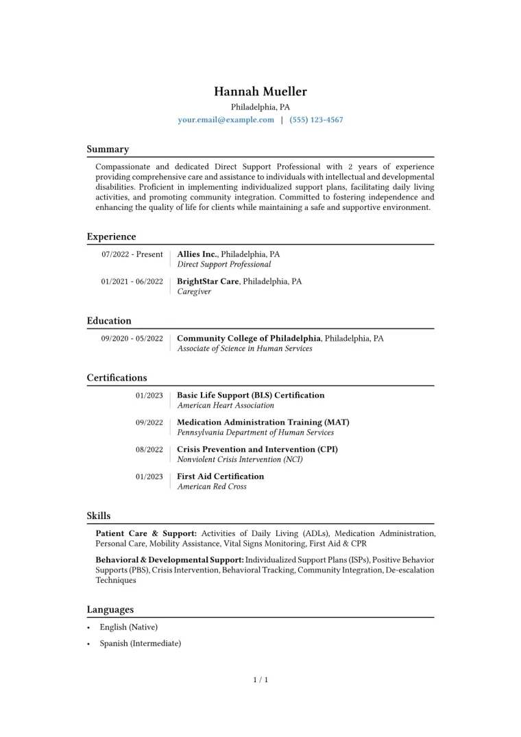 Direct Support Professional Resume Example
