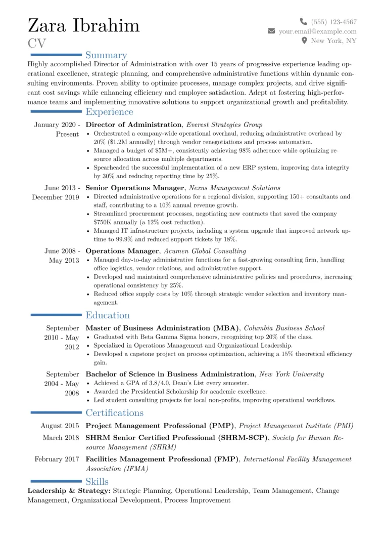 Director of Administration Resume Example CV template preview
