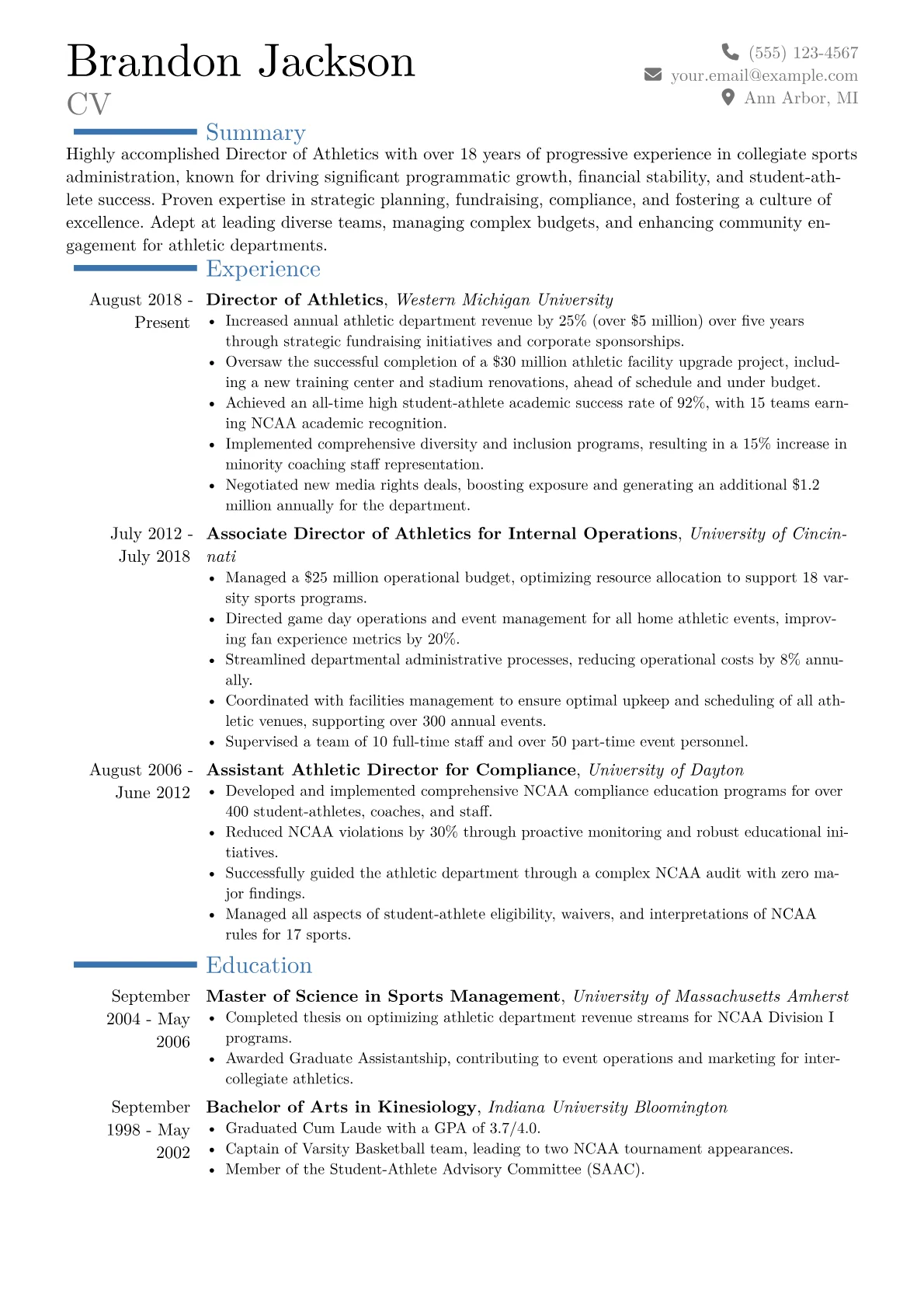 Director of Athletics Resume Example CV template - Page 1