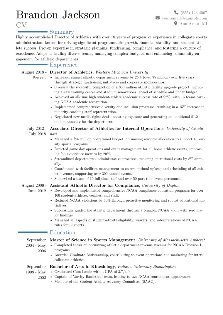 Director of Athletics Resume Example CV template preview