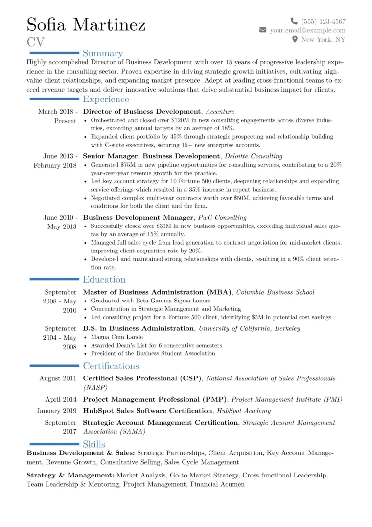 Director of Business Development Resume Example CV template preview