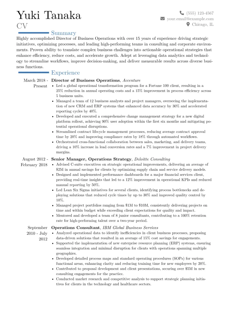 Director of Business Operations Resume Example CV template preview