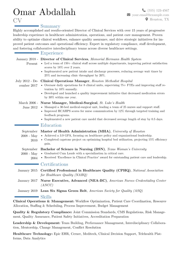 Director of Clinical Services Resume Example CV template preview