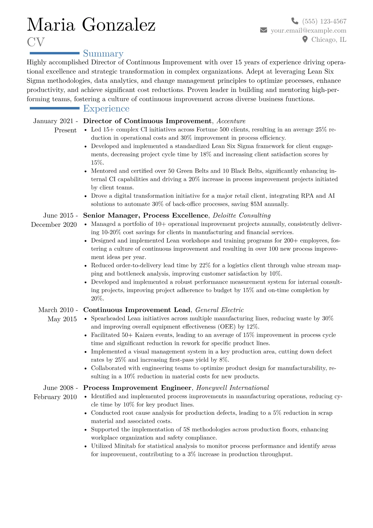 Director of Continuous Improvement Resume Example CV template - Page 1