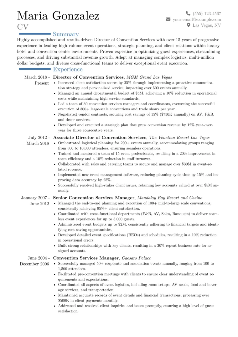 Director of Convention Services Resume Example CV template preview