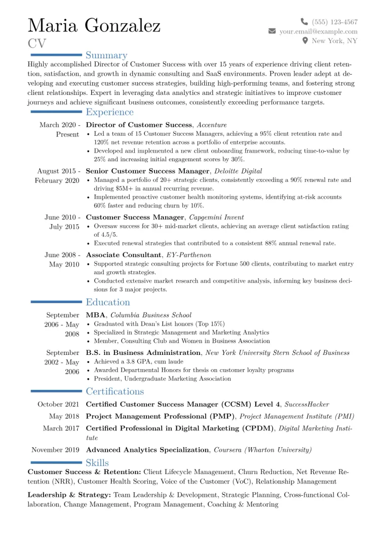 Director of Customer Success Resume Example CV template preview