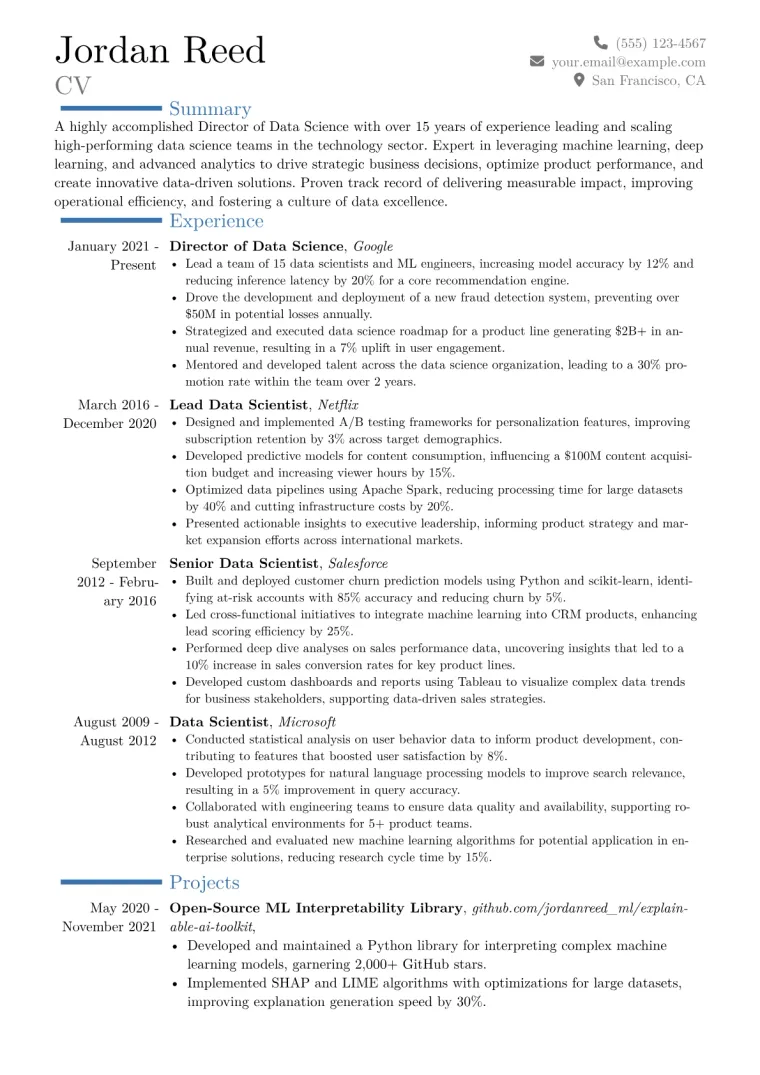 Director of Data Science Resume Example CV template preview