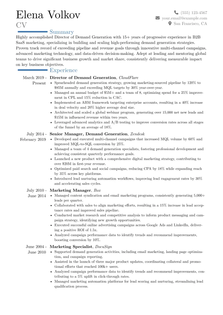 Director of Demand Generation Resume Example CV template preview
