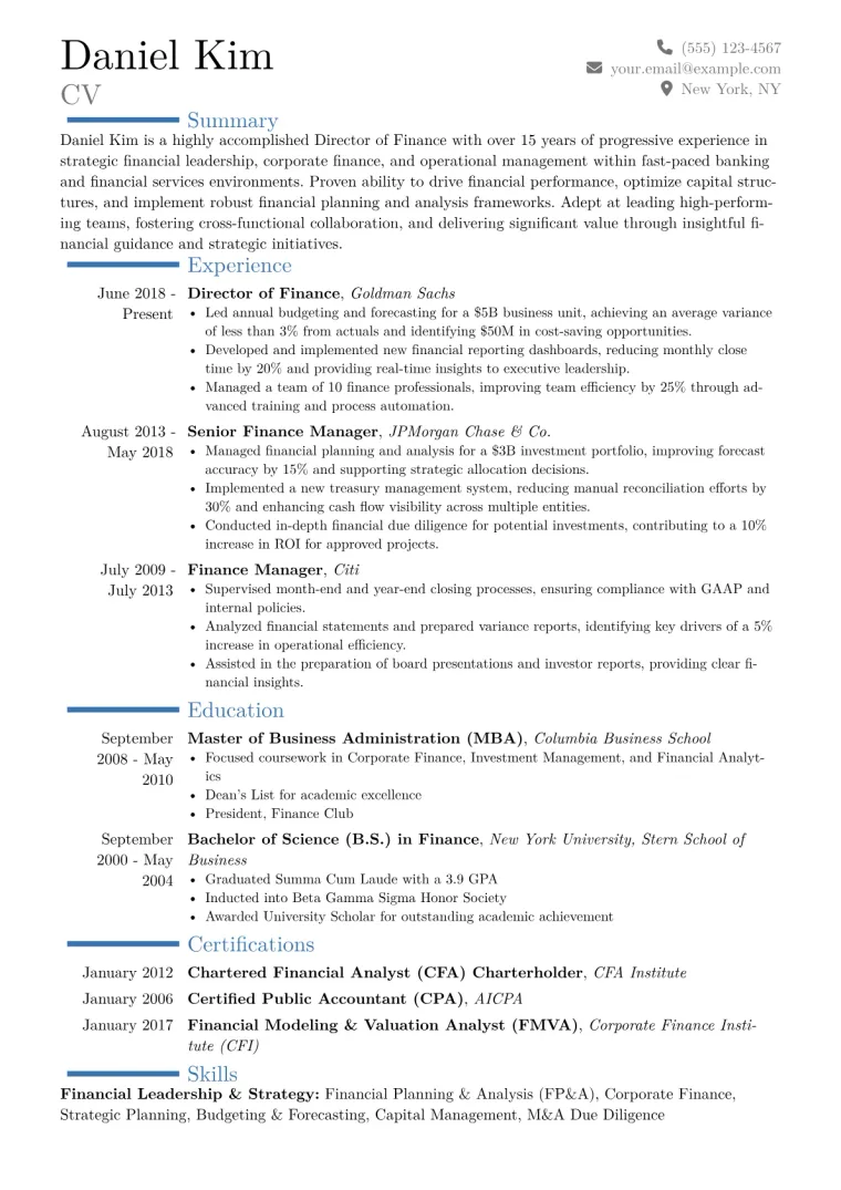 Director of Finance Resume Example