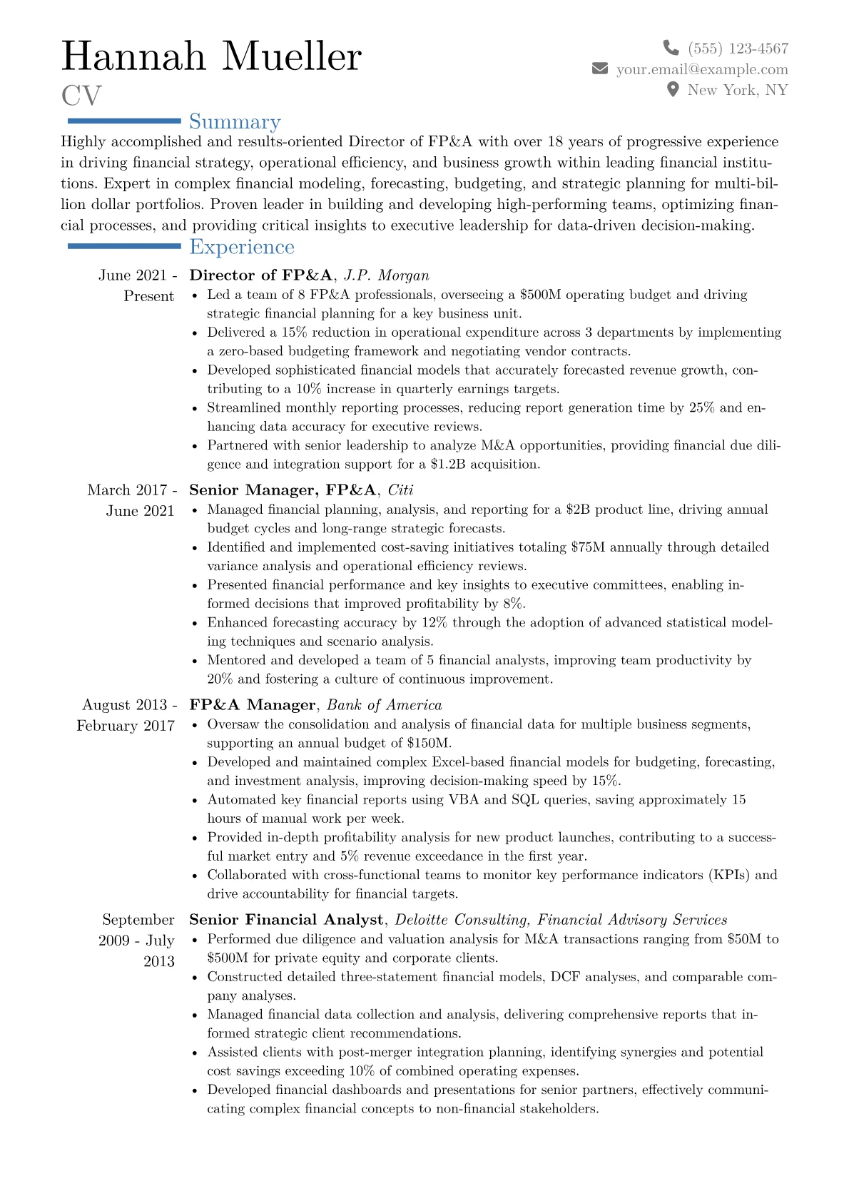 Director of FP&A Resume Example CV template - Page 1
