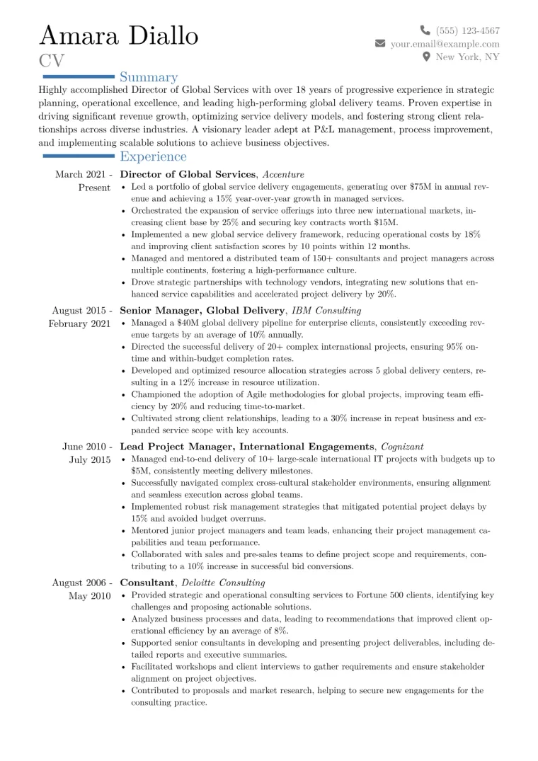Director of Global Services Resume Example CV template preview