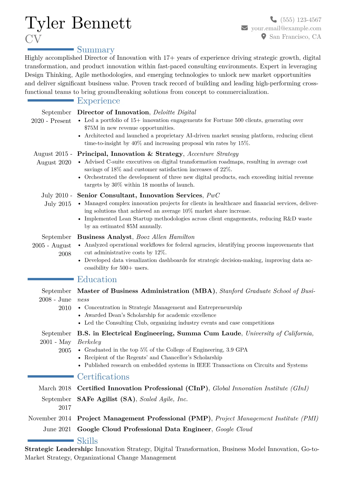 Director of Innovation Resume Example CV template - Page 1