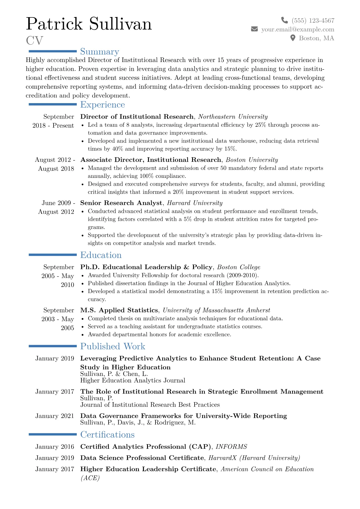 Director of Institutional Research Resume Example CV template - Page 1