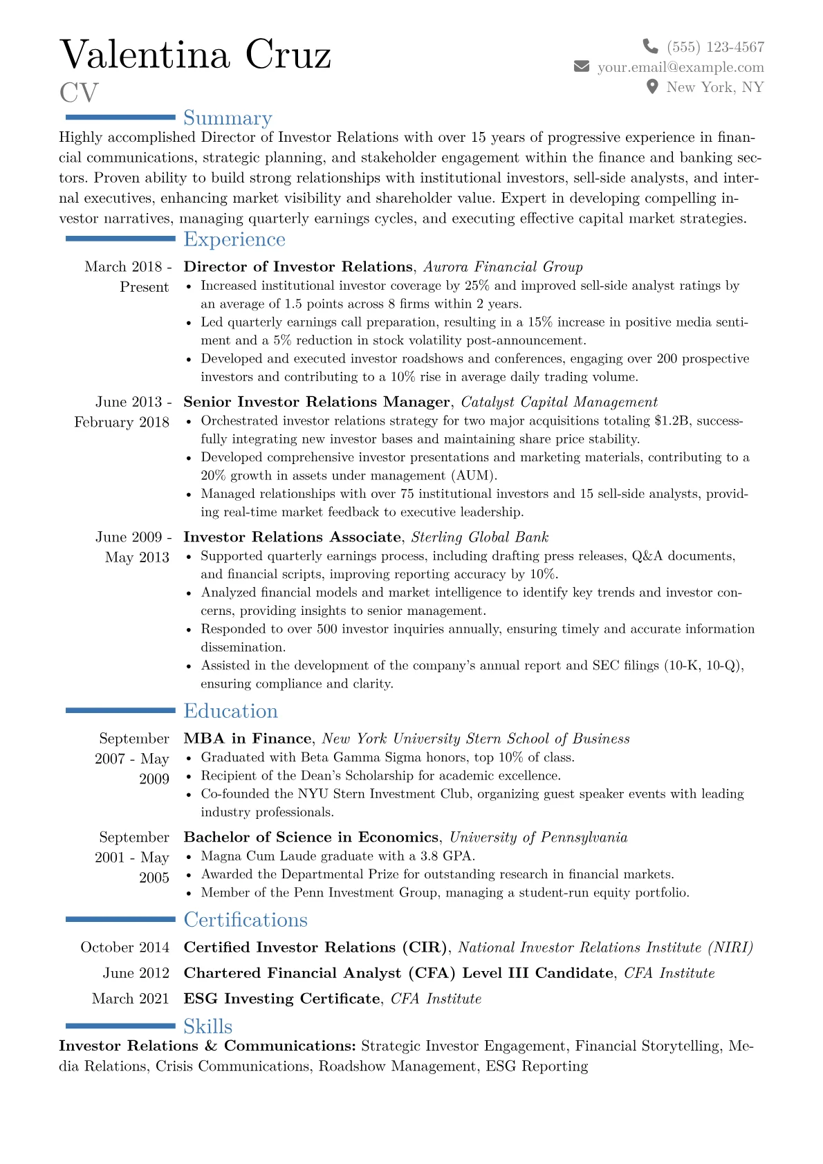 Director of Investor Relations Resume Example CV template - Page 1