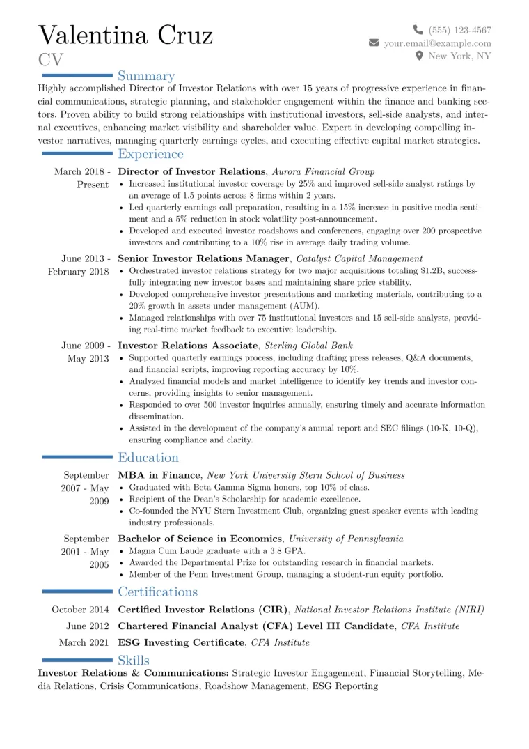 Director of Investor Relations Resume Example CV template preview