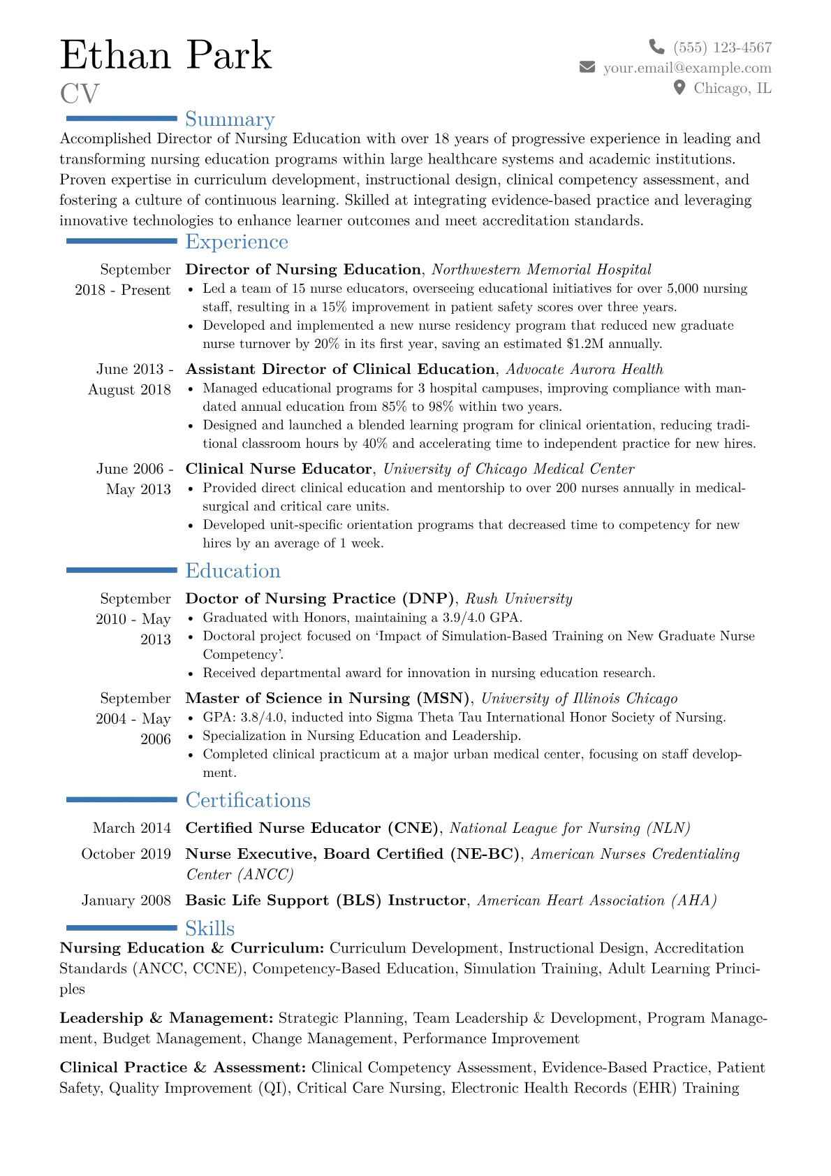 Director of Nursing Education Resume Example CV template - Page 1
