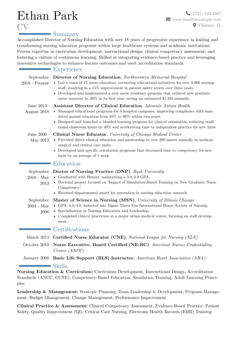 Director of Nursing Education Resume Example CV template preview