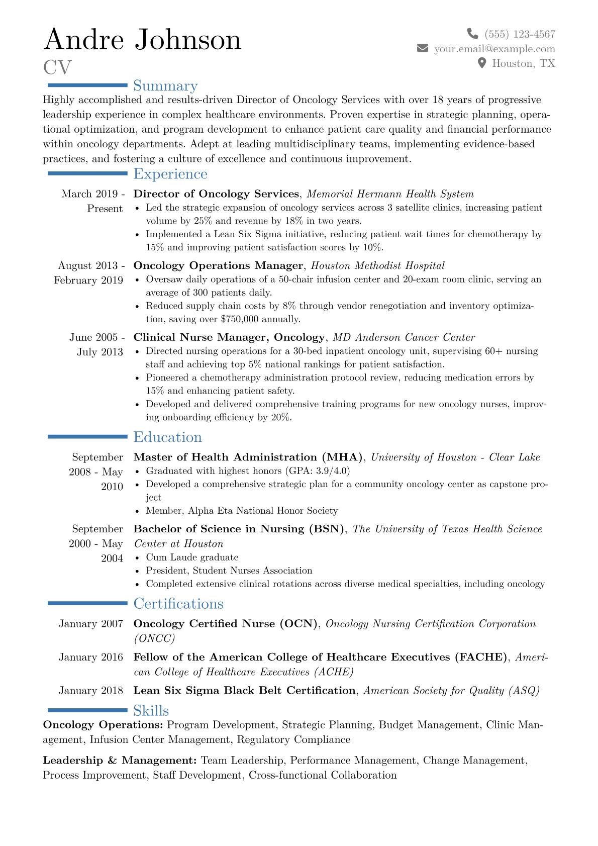 Director of Oncology Services Resume Example CV template - Page 1