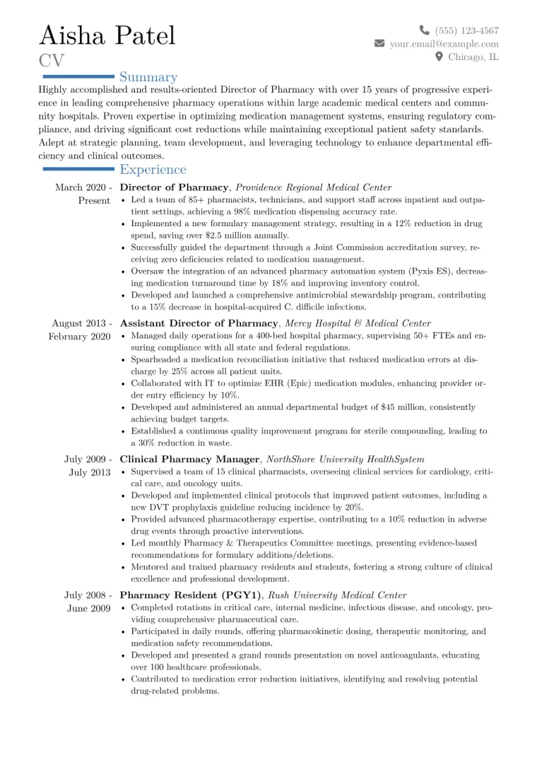 Director of Pharmacy Resume Example CV template preview