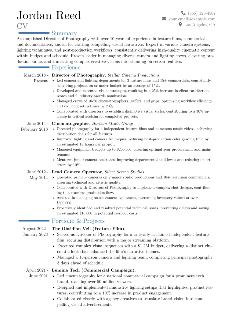 Director of Photography Resume Example CV template preview