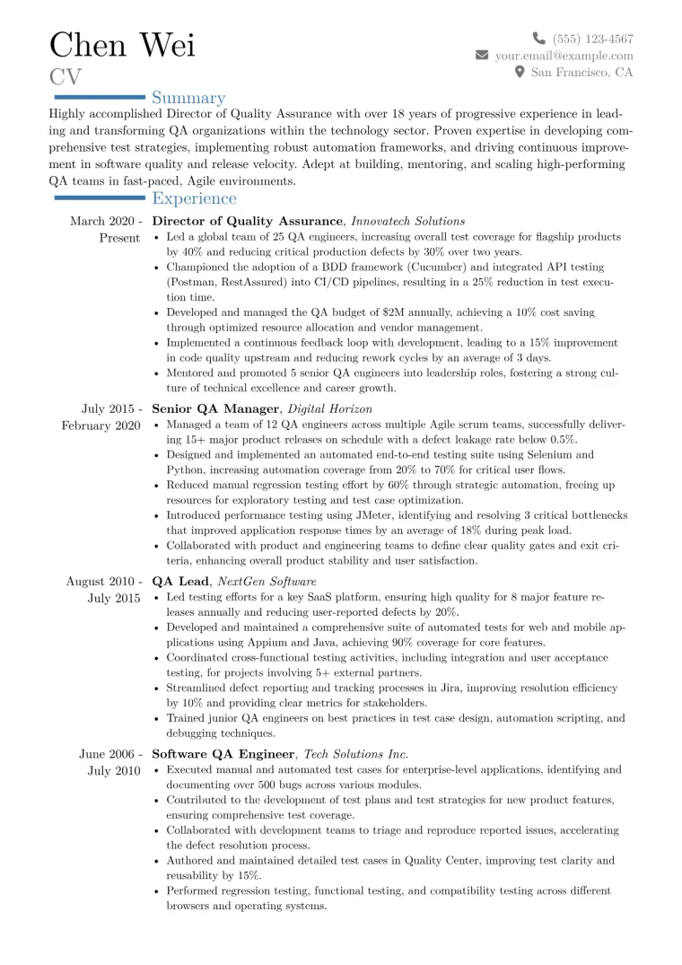 Director of QA Resume Example CV template preview