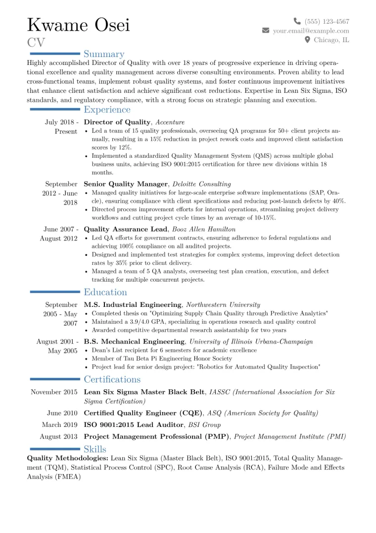 Director of Quality Resume Example CV template preview