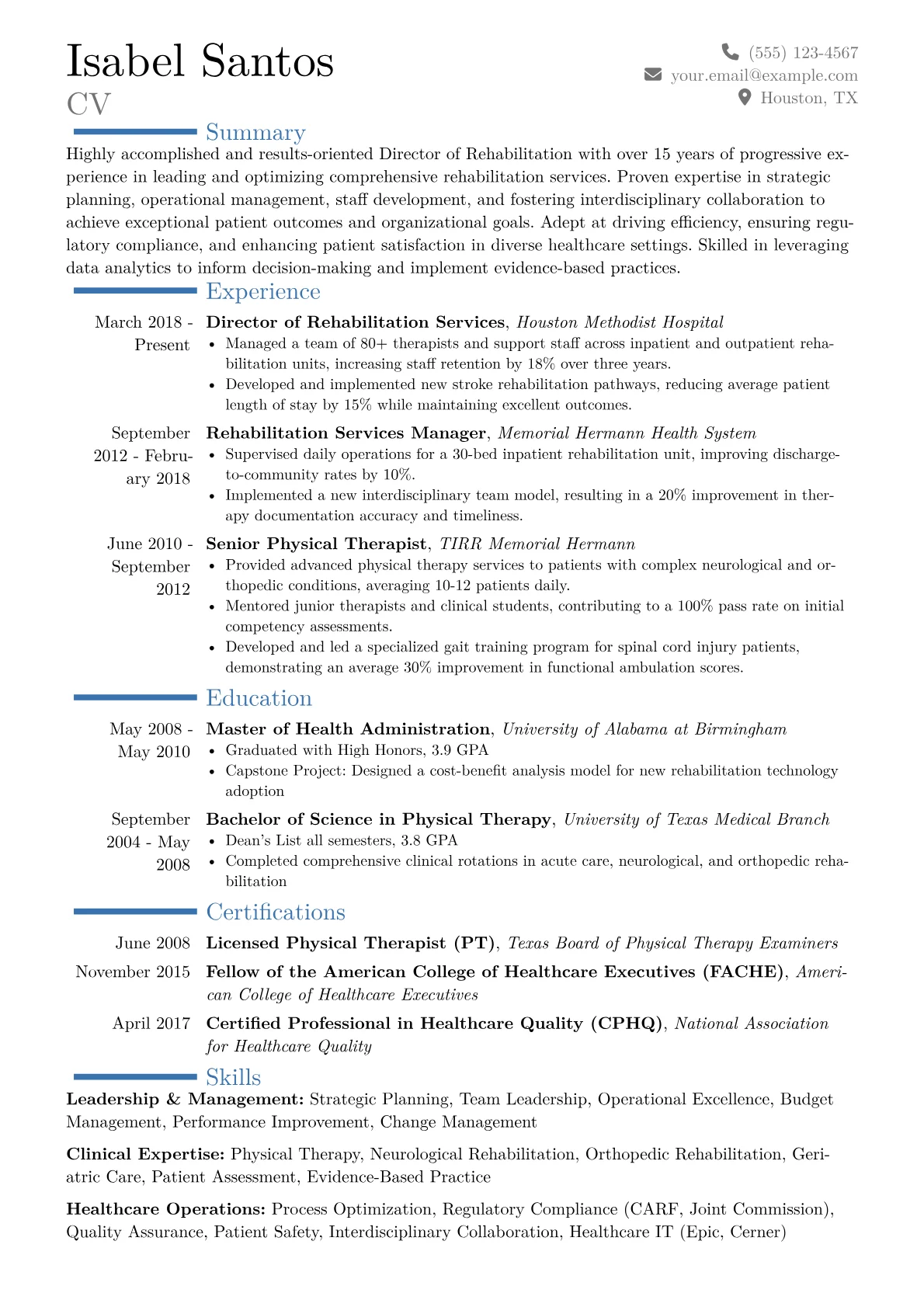 Director of Rehabilitation Resume Example CV template - Page 1