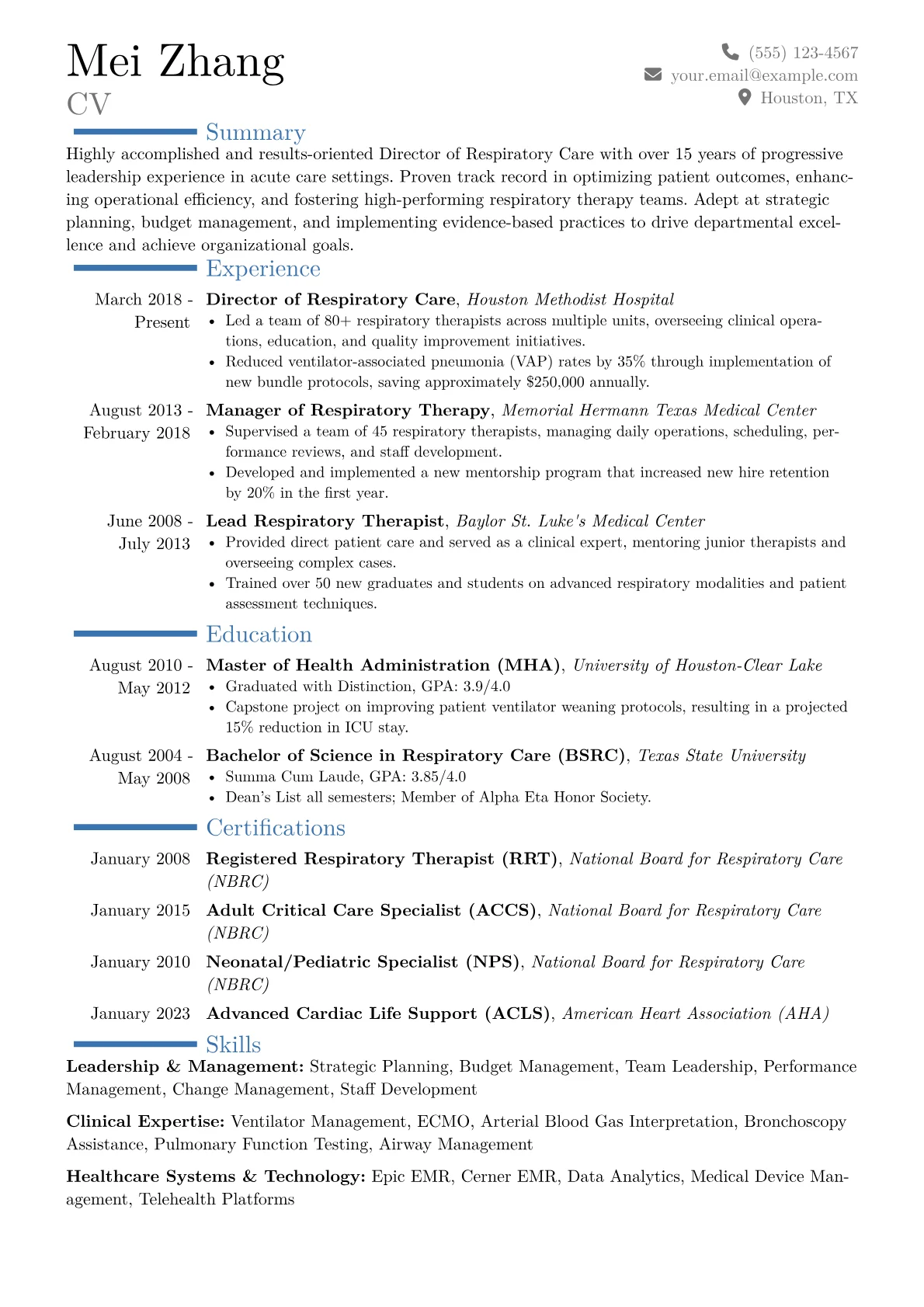 Director of Respiratory Care Resume Example CV template - Page 1